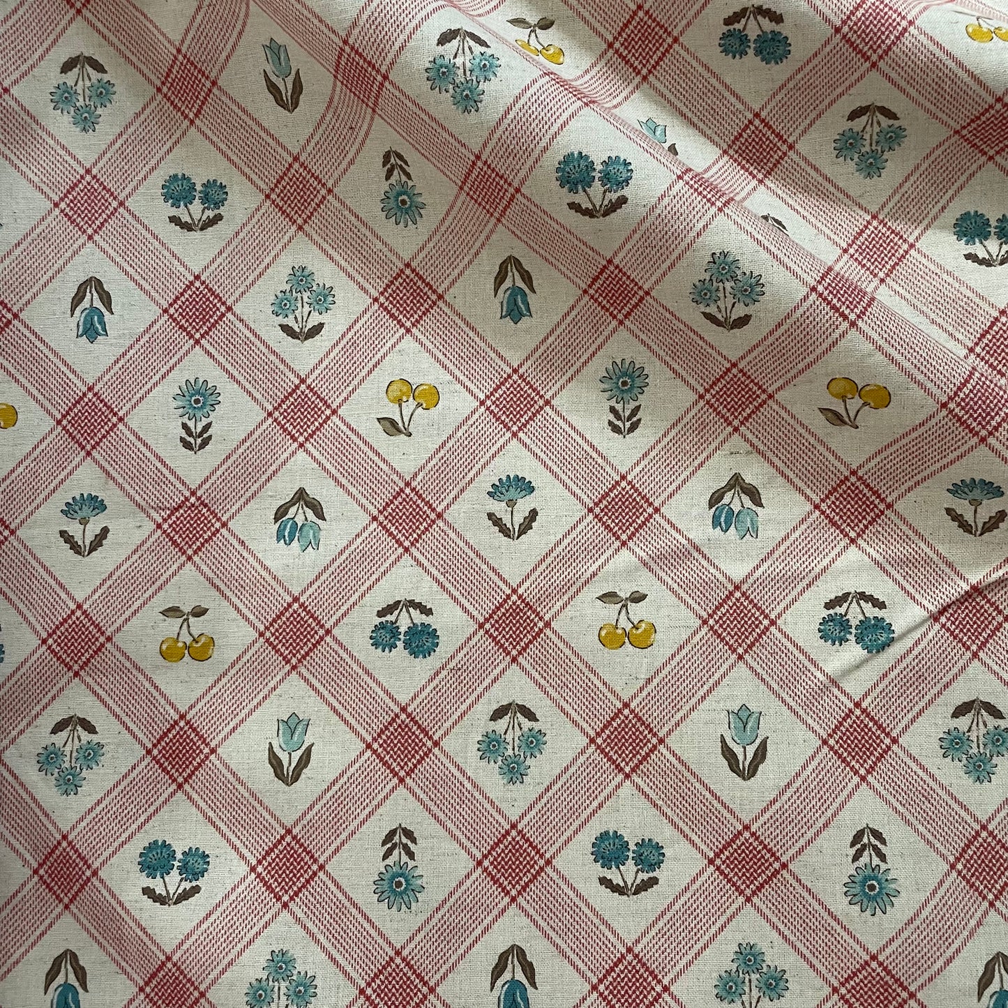 Kokka Checked Flowers and Cherries - Pink