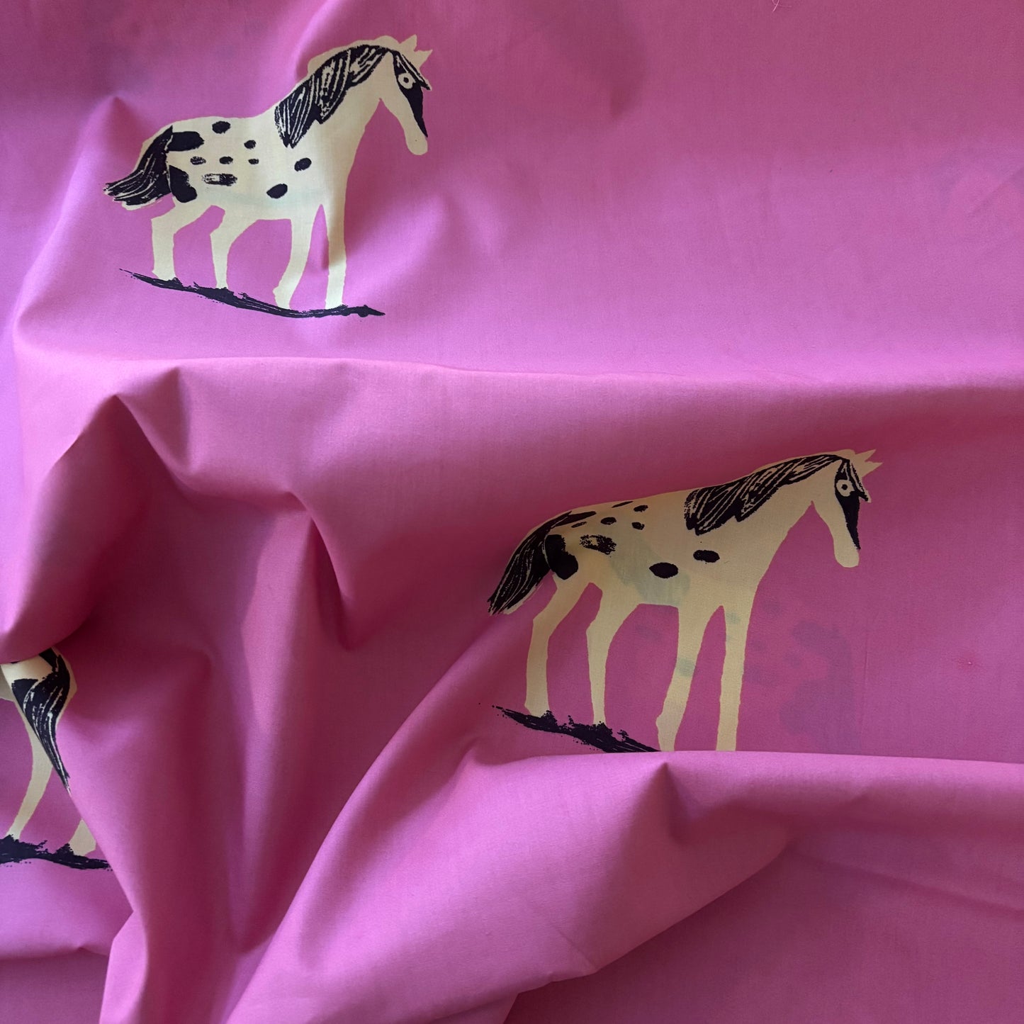 Heather Ross Meadows Quilt Back - Wild Ponies in Hot Pink - 108” wide