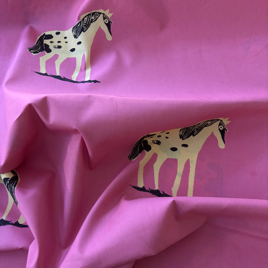 Heather Ross Meadows Quilt Back - Wild Ponies in Hot Pink - 108” wide