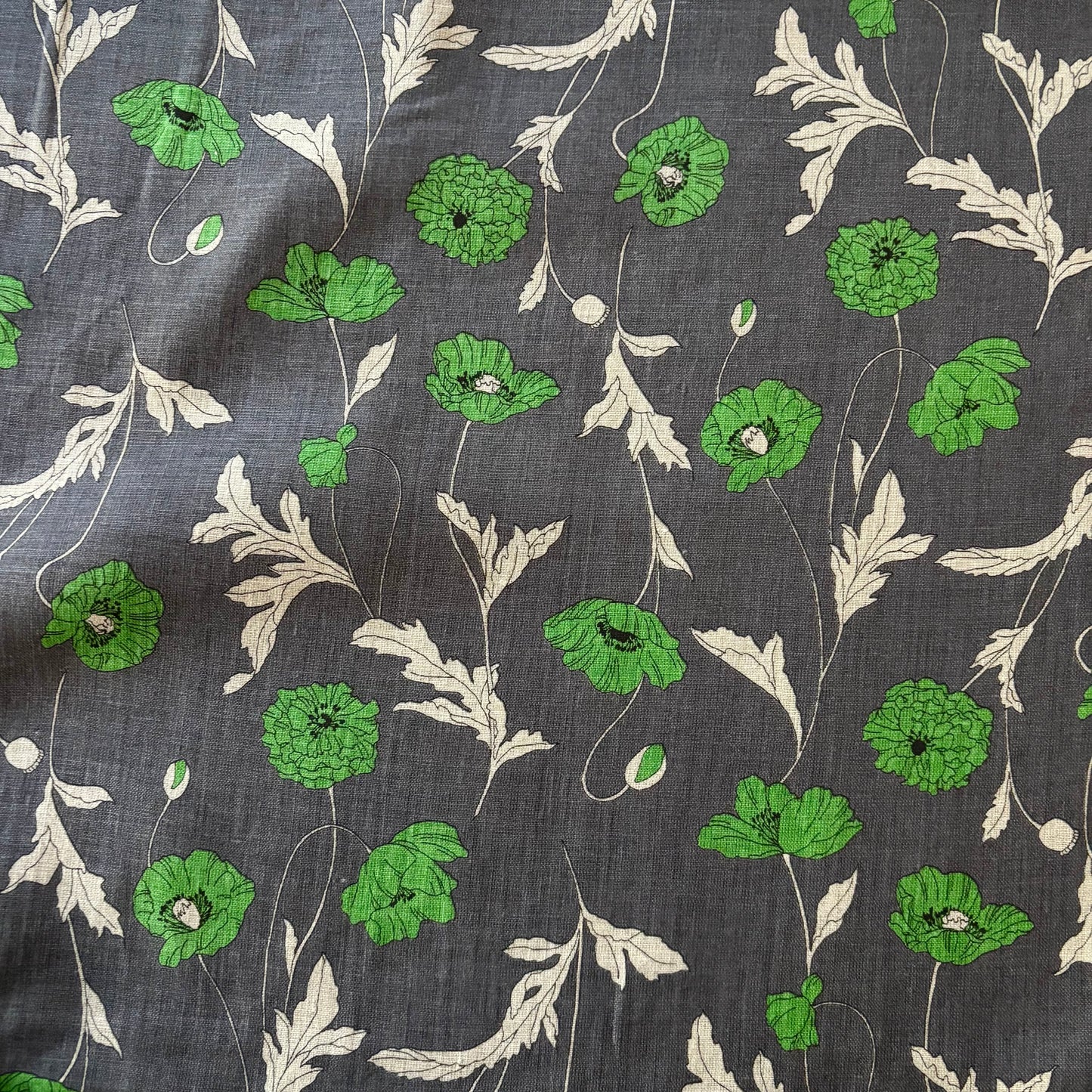 Green Flowers on Grey - Japanese Linen