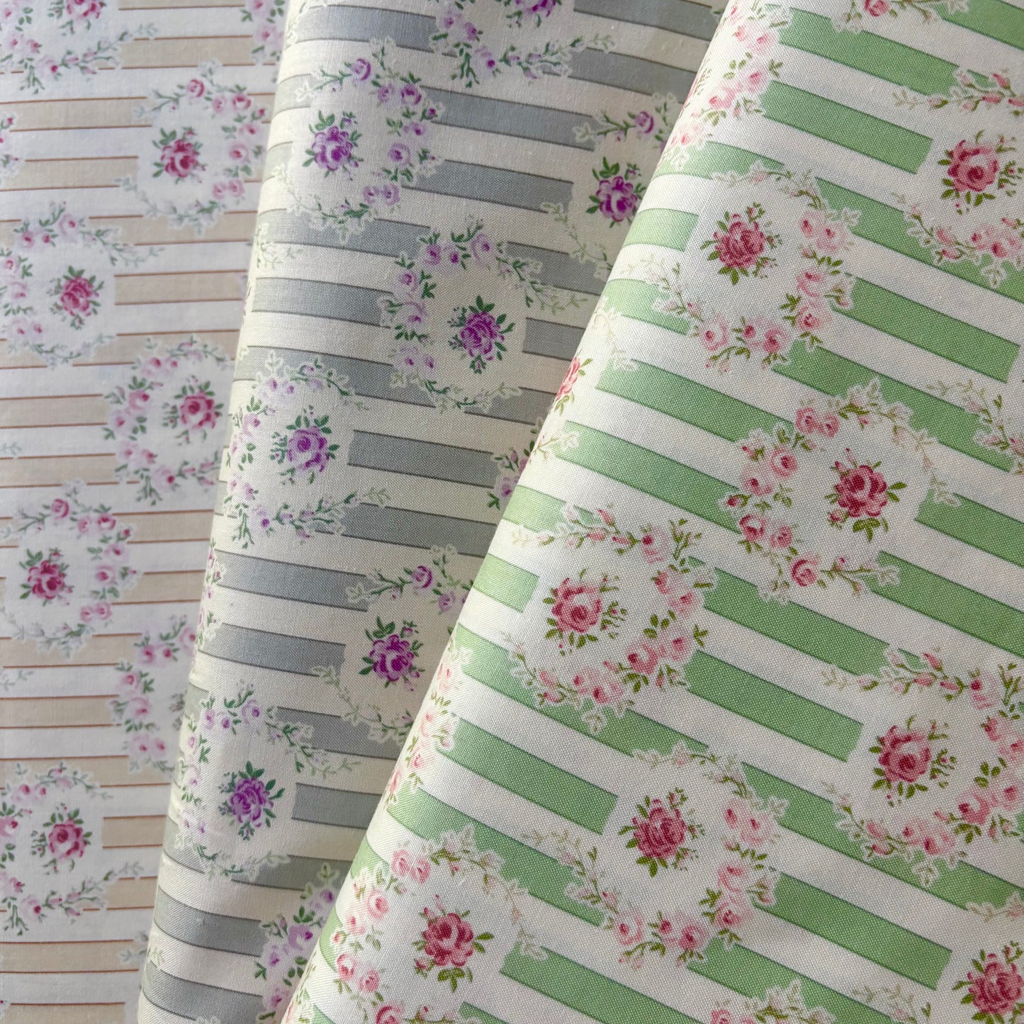 YUWA - Taupe Stripe with Pink Roses