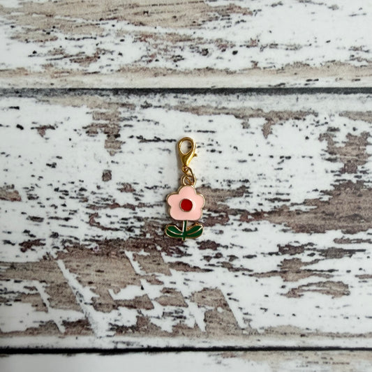 Pink Flower with 2 Leaves Zipper Charm