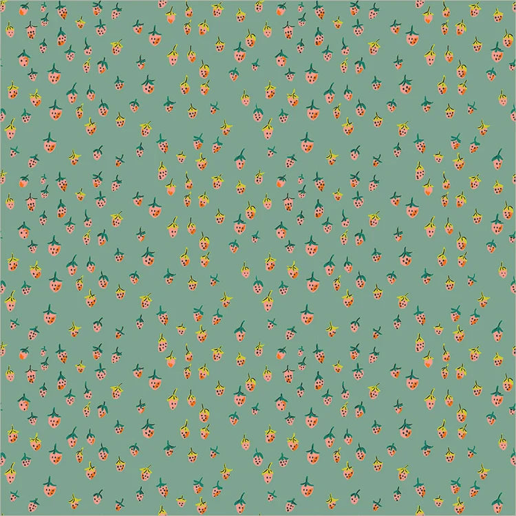 Heather Ross Favorites - Field Strawberries in Teal