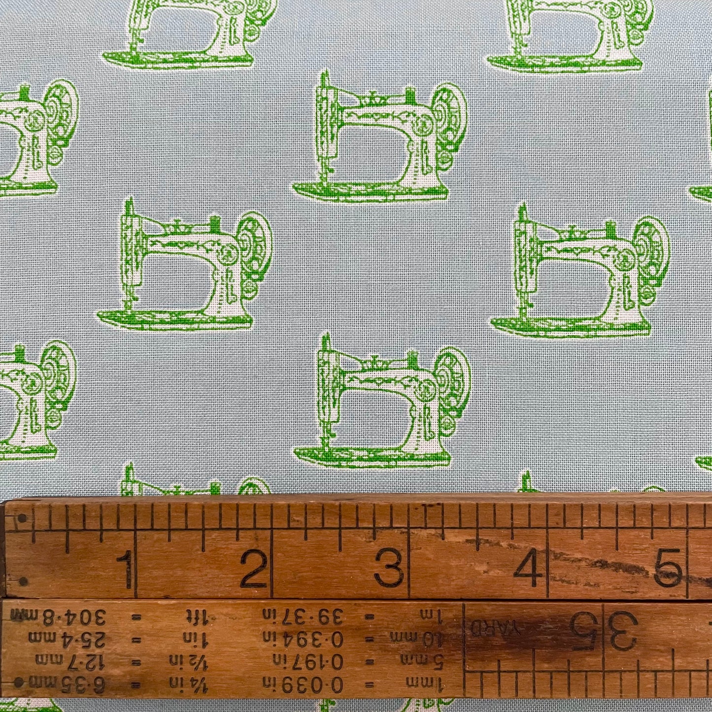 Green Sewing Machine on Light Blue - Cotton Linen Blend with Text